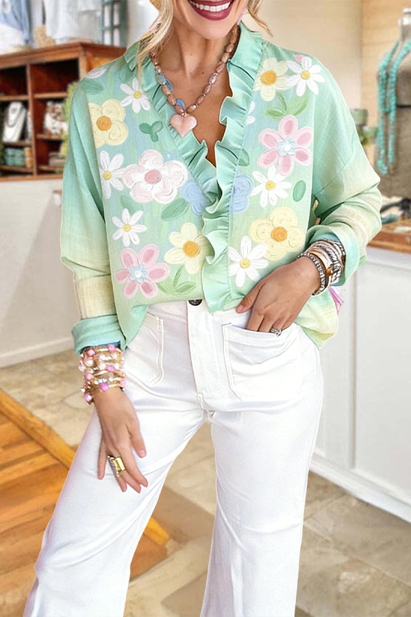 Gentle Gradient Floral Ruffle Shirt