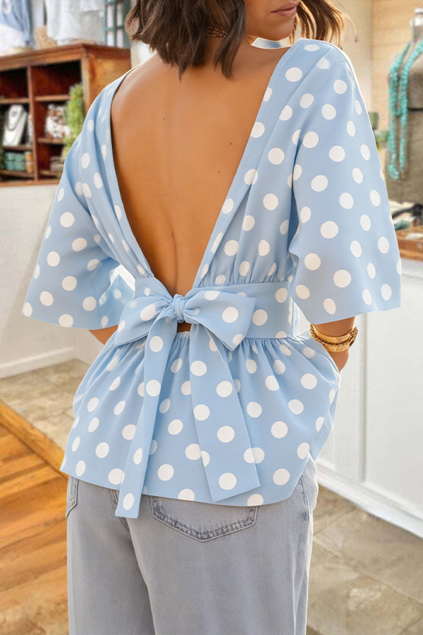French Polka Dot Backless Bow Blouse