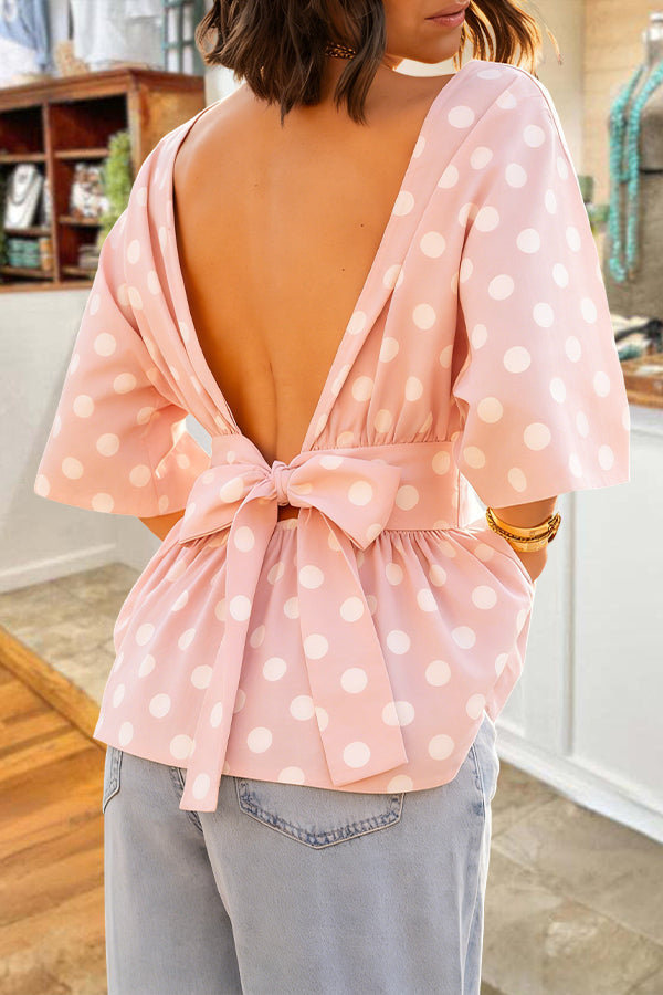 French Polka Dot Backless Bow Blouse