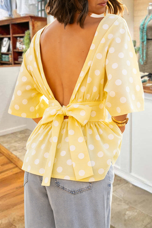 French Polka Dot Backless Bow Blouse