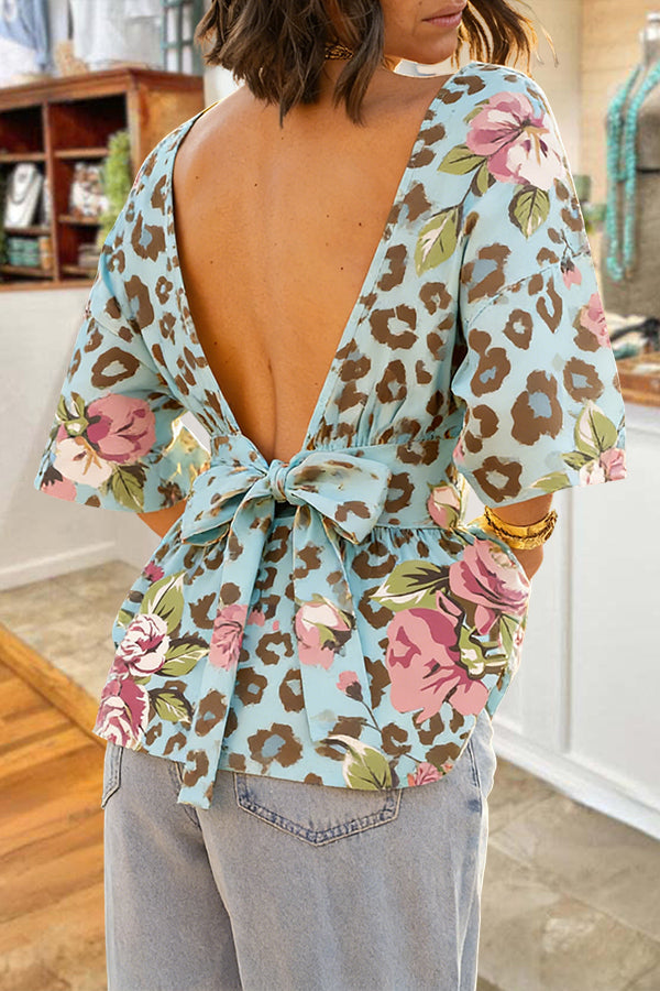 French Leopard Print Floral Backless Bow Blouse