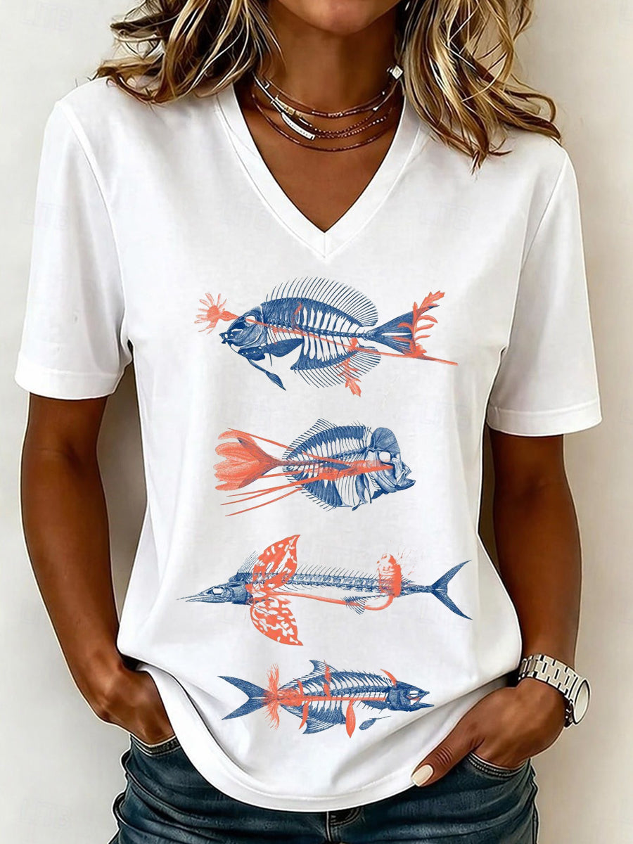 Fish Skeleton Graphic V-Neck T-Shirt