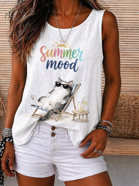 Summer Mood Cat Graphic Tank Top