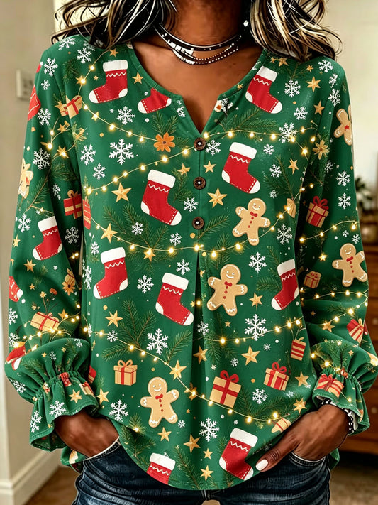 Green Christmas Stocking Print Blouse