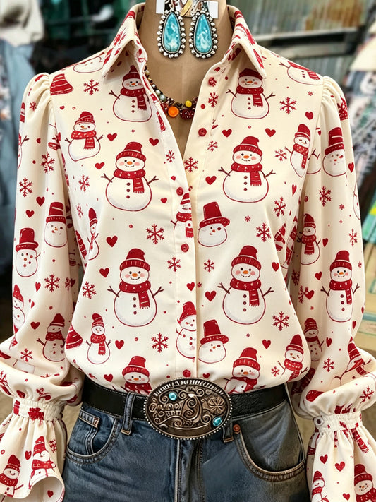 Cream Snowman Print Shirt