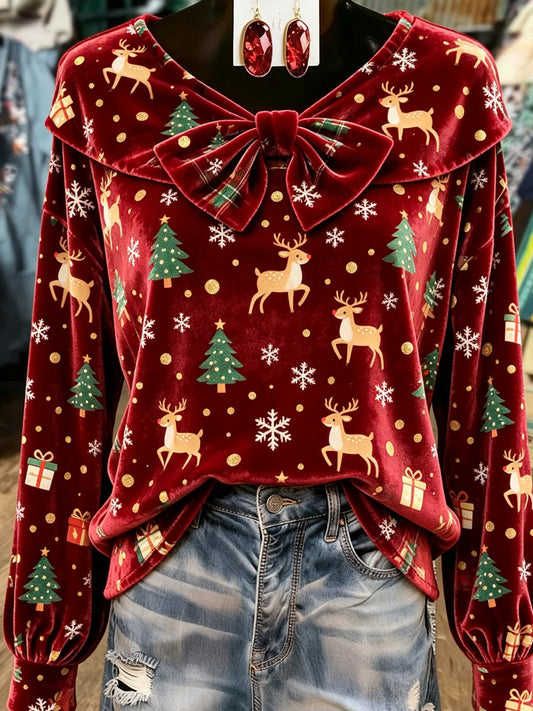 Burgundy Reindeer Print Velvet Blouse