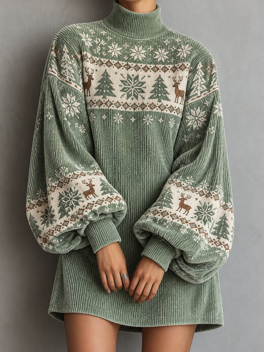 Sage Green Corduroy Fair Isle Tunic Dress