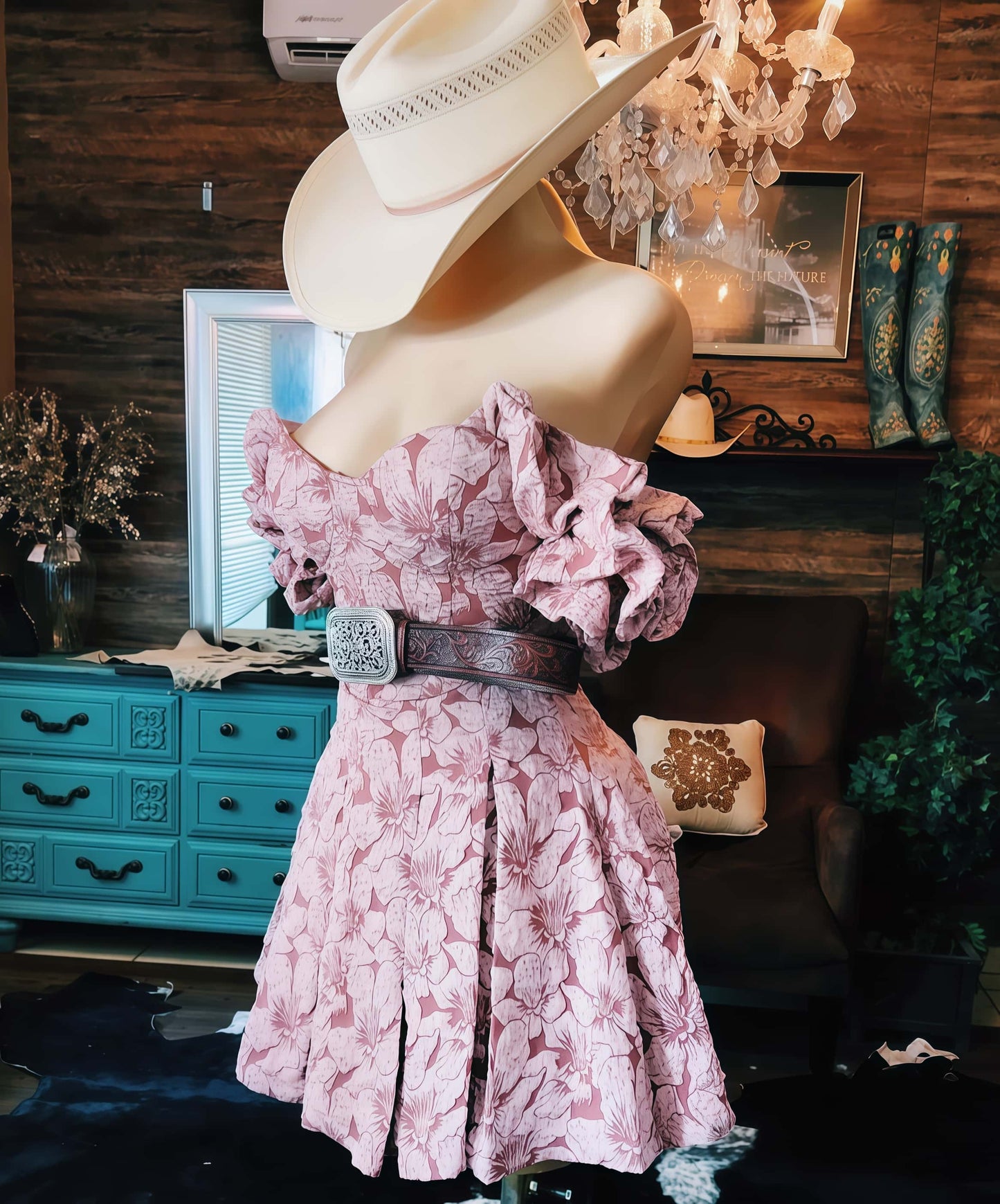 Western Off-Shoulder Pink Mini Ruffle Dress