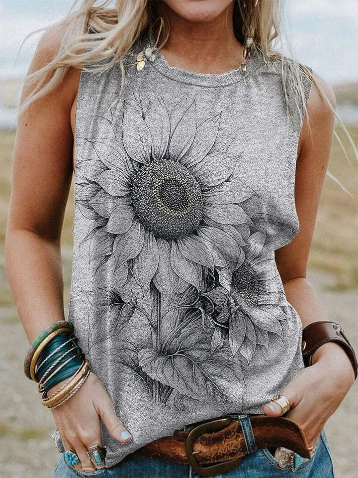 Women's Retro Texture Sunflower Print Casual V-neck T-shirt