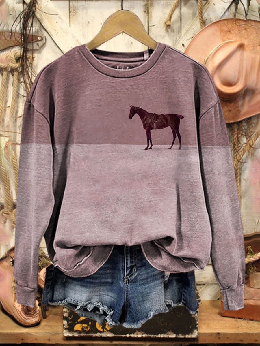 Vintage Horse Art Print Casual Cotton Sweatshirt