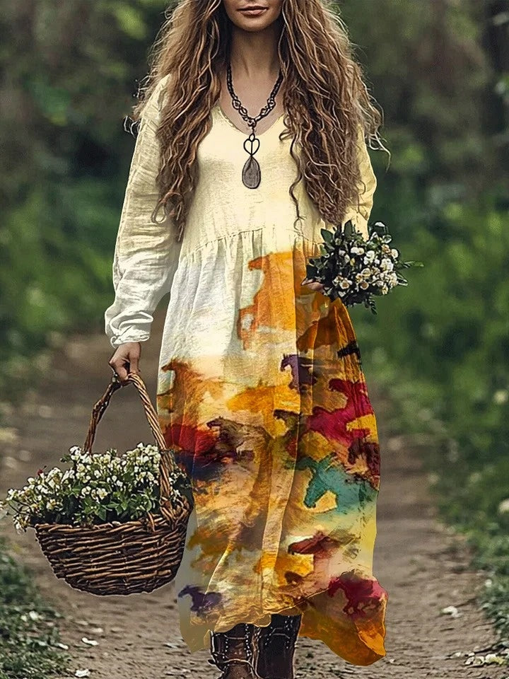 Women's Vintage Horse Print Linen Bohemian Long Dress