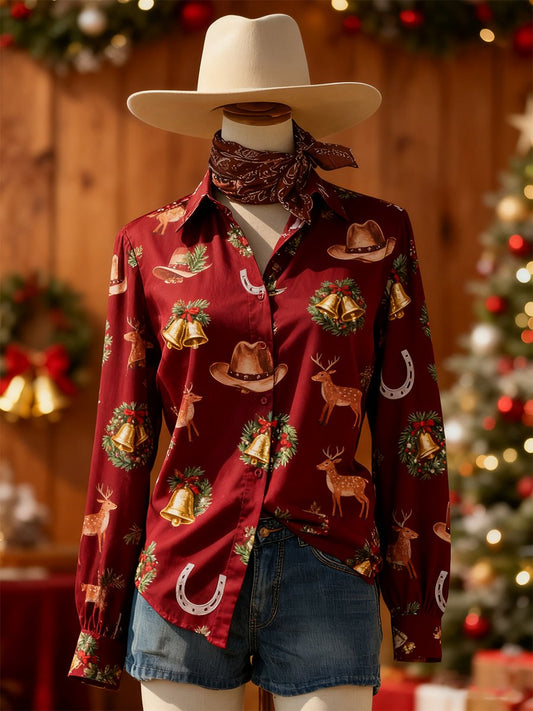 Women's Retro Casual Chirstmas Western Slim Waist Long Sleeve Shirt