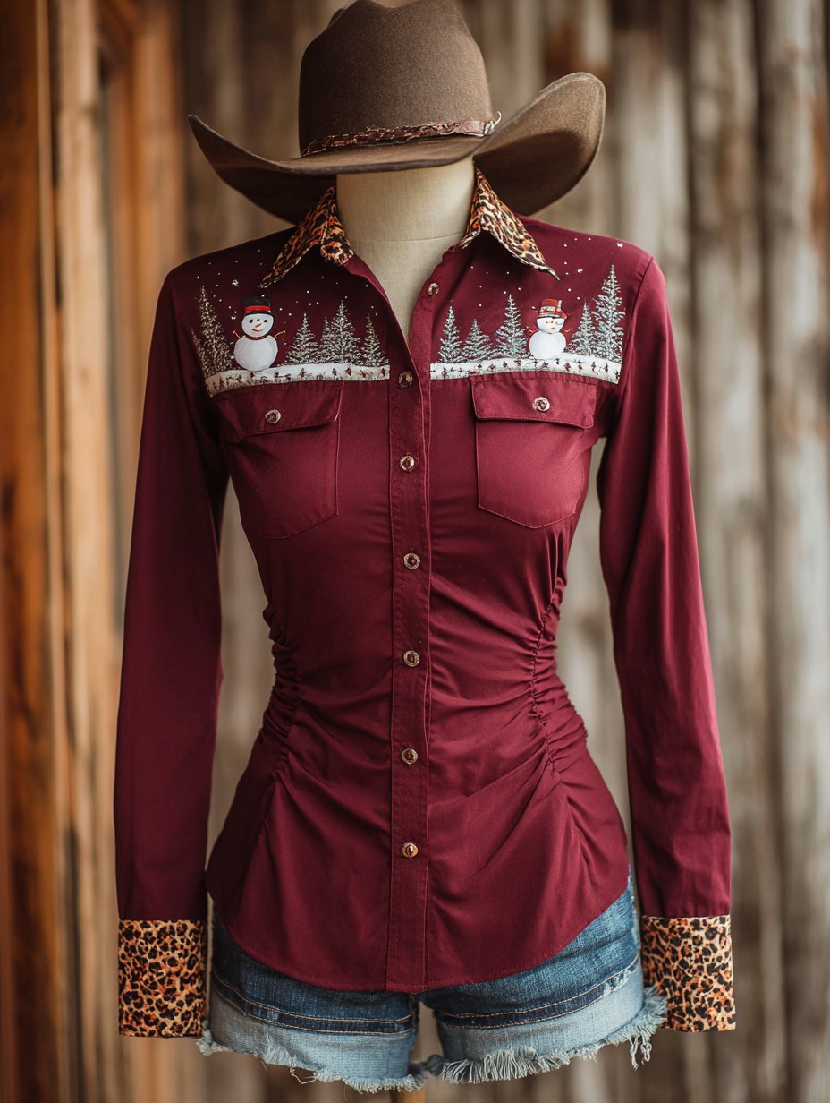 Women's Vintage Christmas Evergreen Floral Western Double Pocket Shirt