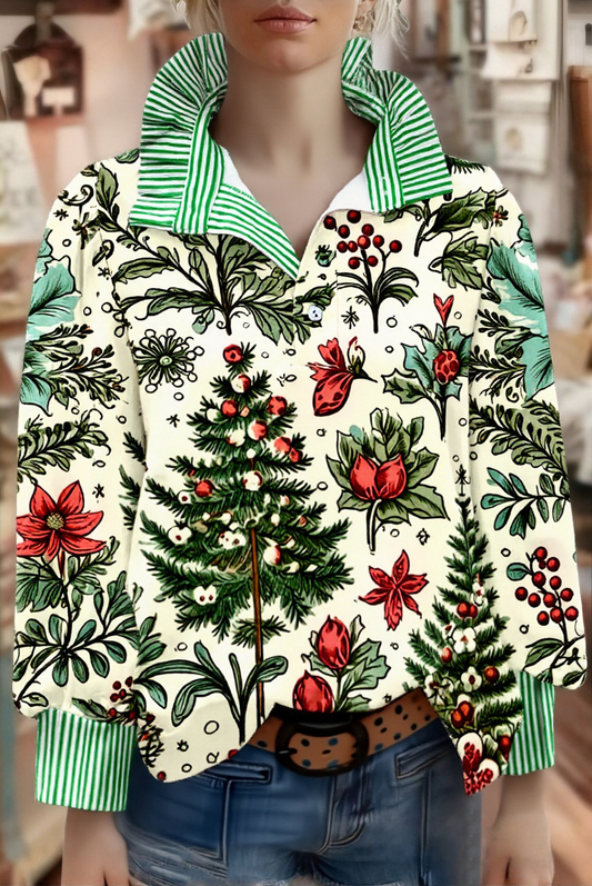 Vintage Christmas Tree Print Striped Long Sleeve Top