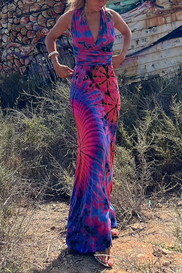 Generate Joy Tie-dye Print V-neck Cross Back Straps Stretch Maxi Dress