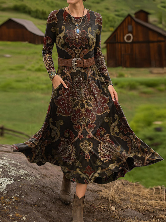 Women's Retro Paisley Art Print Long-sleeved Dress