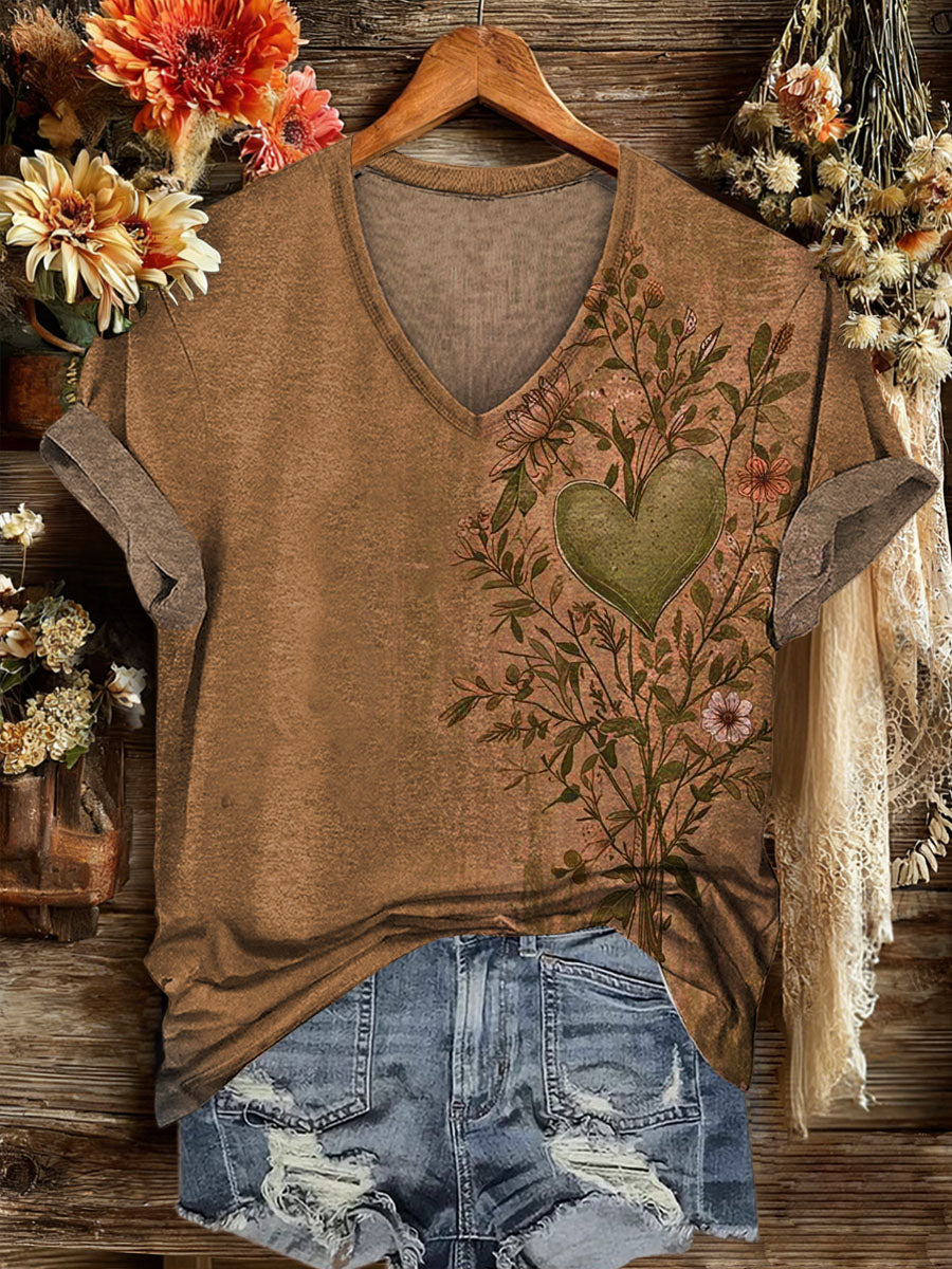Vintage Hearts Print Casaul Short Sleeve T-shirt