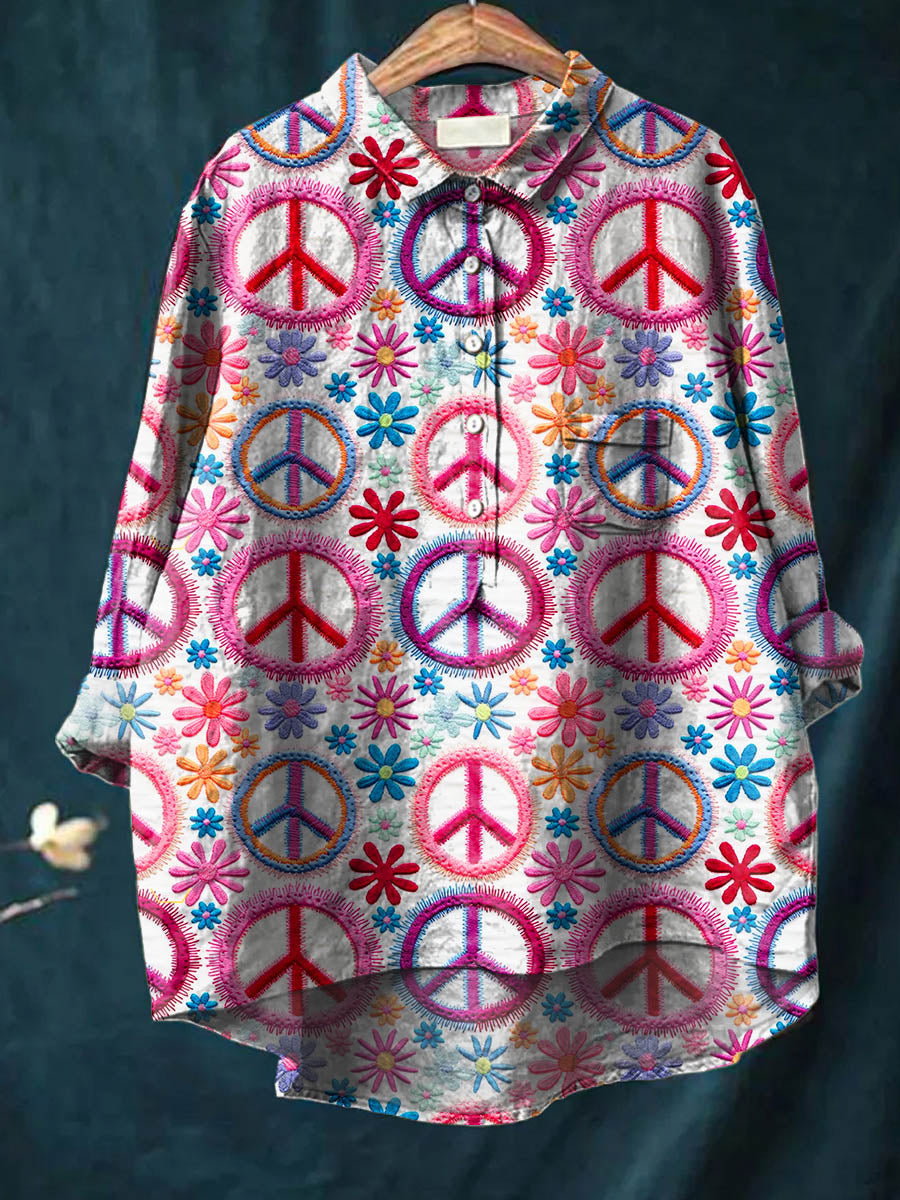 Women's Peace And Love Art Pattern Print Casual Cotton And Linen Shirt