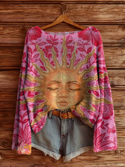 Women's Hippie Mystical Sun Art Pattern Print Casual Pullover Sweater