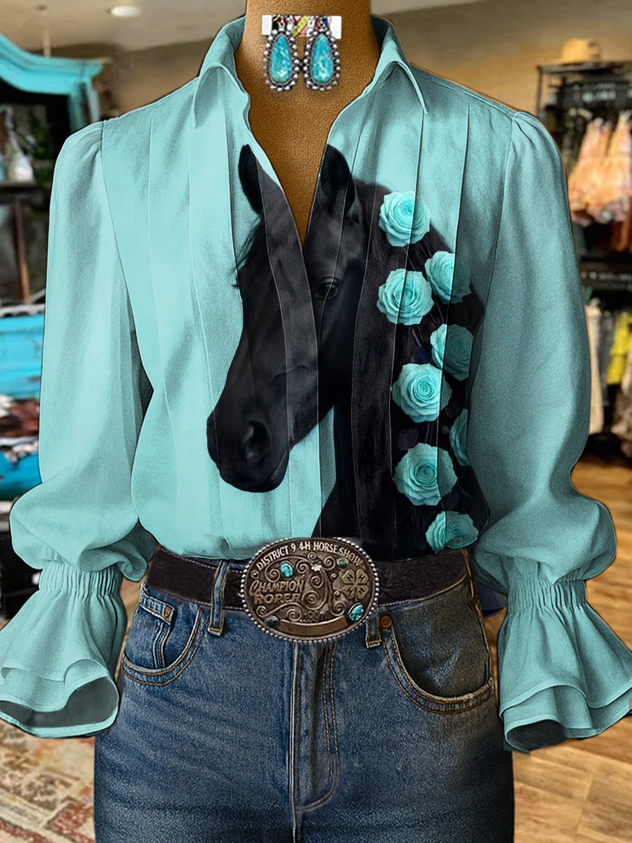 Women's Vintage Art Horse Print Casual  Cotton And Linen Shirt