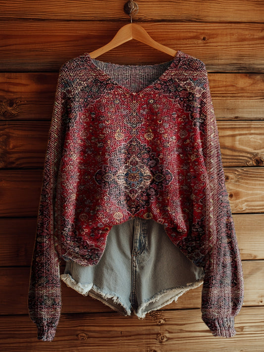 Women's Vintage Ethnic Tattoo Pattern Art Print Casual Pullover Sweater