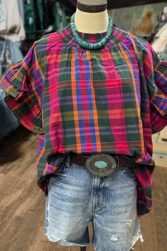 Colorful Plaid Flutter Sleeve Top