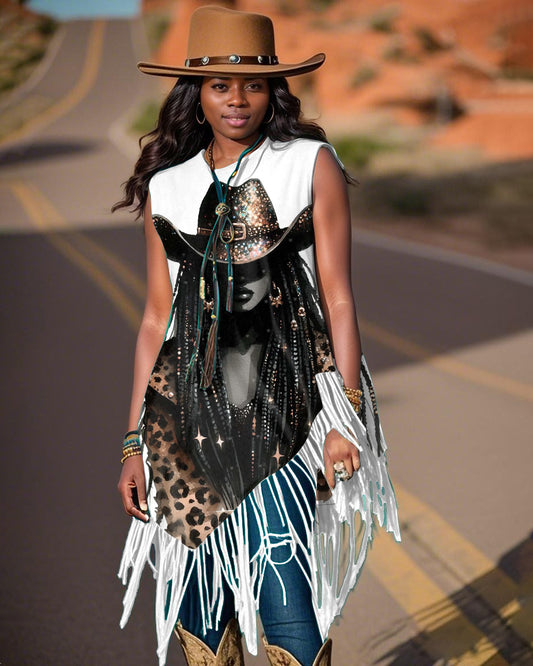 Crew Neck Black Country Girl Tassel Irregular Vest