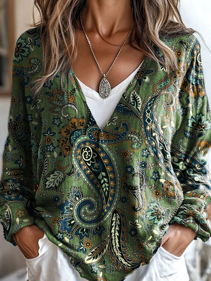 Vintage Paisley Print Casual  Cotton And Linen Shirt