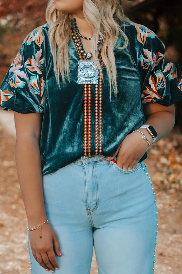 V-Neck Puff Sleeve Velvet Top