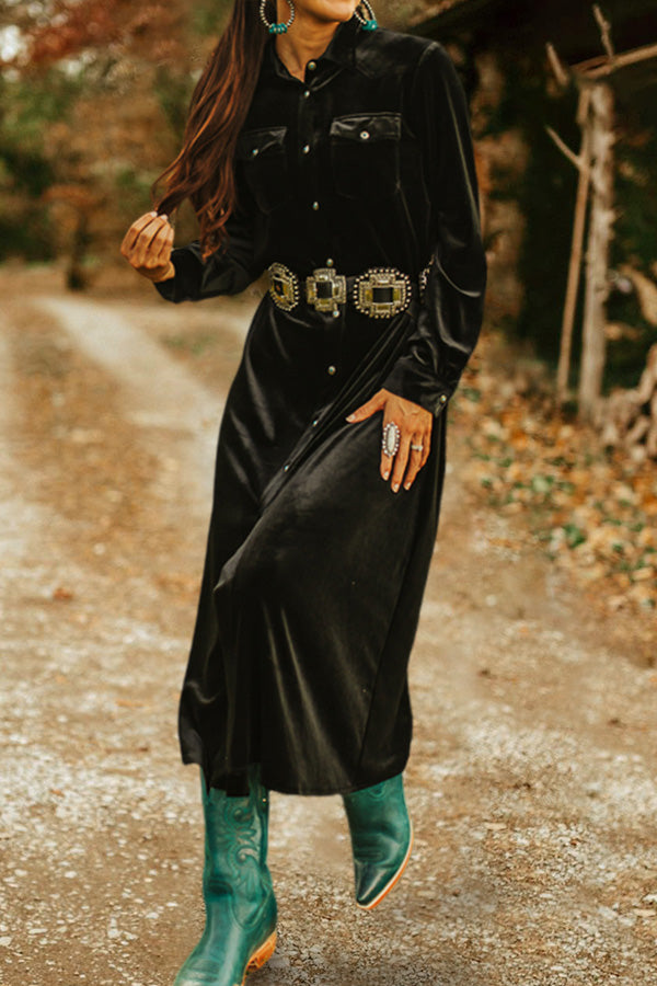 Casual Long Sleeve Velvet Shirt Dress