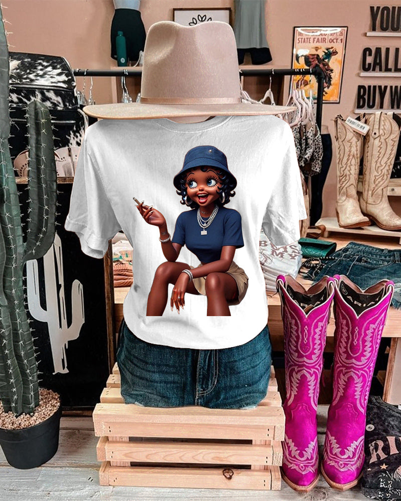 Casual Bucket Hat Black Girl Crew Neck Short Sleeve Cotton T-shirt