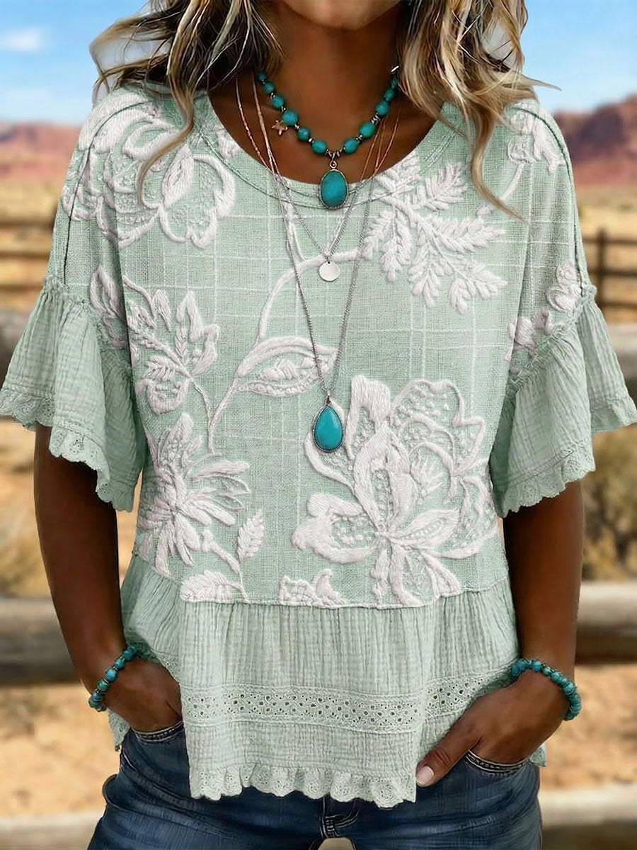 Vintage Art Hollowed Out Lace Patchwork T-Shirt