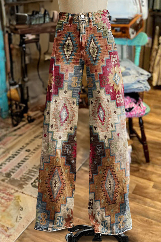 Retro Geometric Print Wide Leg Pants