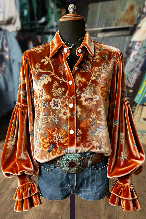 Vintage Floral Print Lantern Sleeve Velvet Top