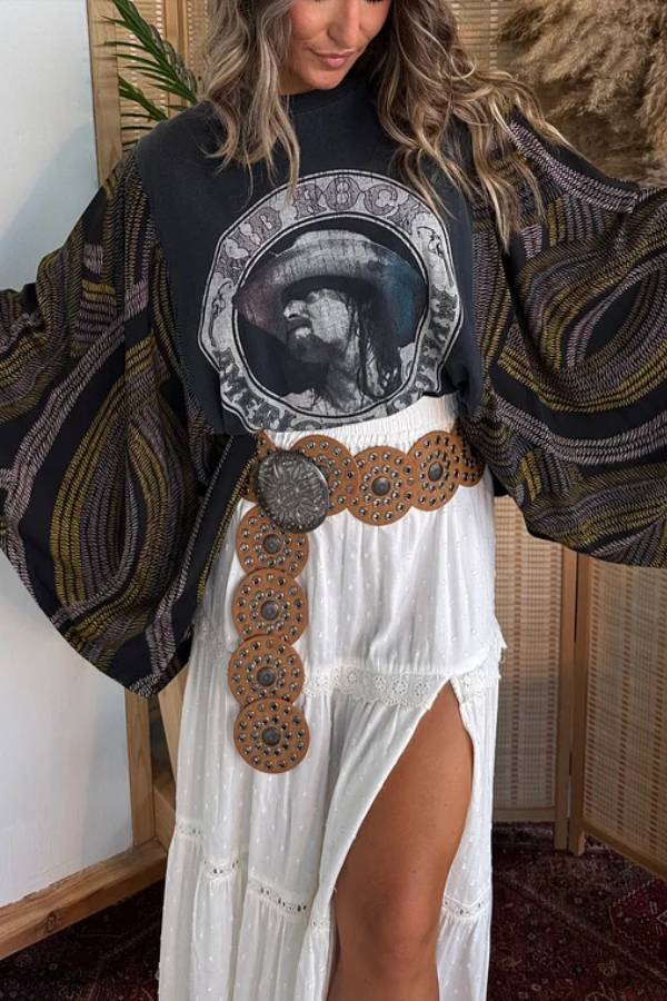 Vintage Portrait Print Wide-Sleeve Top