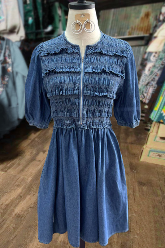 Denim Round Neck Puff Sleeve Smocked Mini Dress