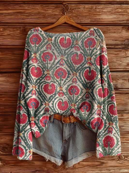 Women's Vintage Floral Art Print Casual Pullover Sweater