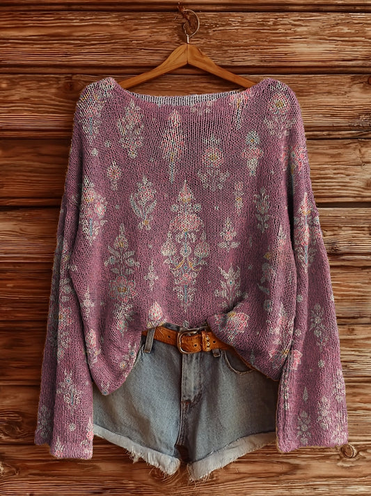 Women's Vintage Ethnic Floral Art Pattern Print Casual Pullover Sweater