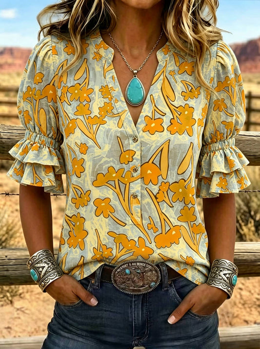 Women's Floral Print Puff Sleeve Casual Shirt