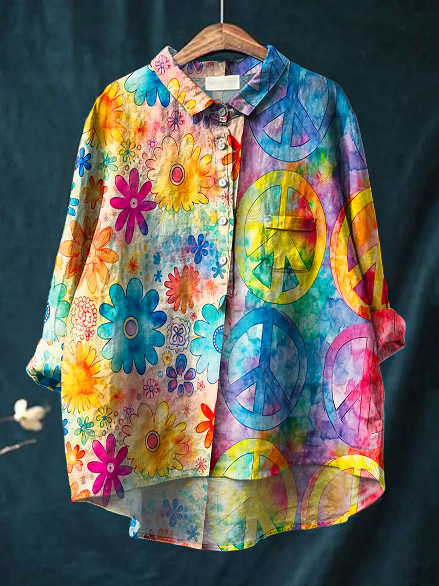 Women's Vintage Hippie Peace Flower Art Print Casual Cotton And Linen Shirt