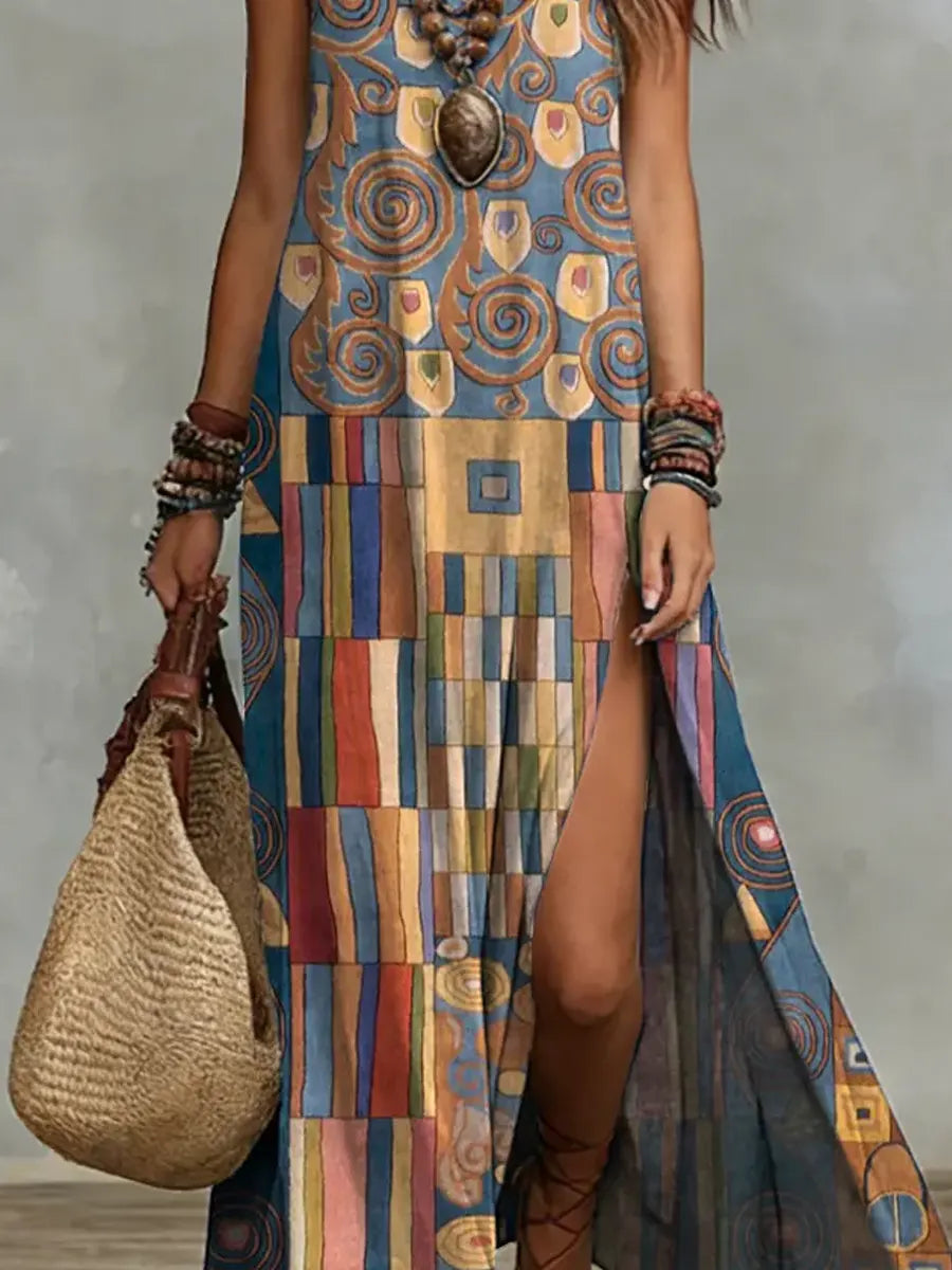 Women's Retro Geometric Pattern Art Print Casual Stylish Cotton Dress