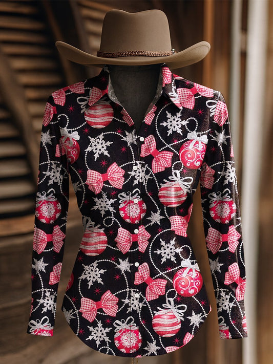 Women&#39;s Christmas Lantern Bow Print Western Long Sleeve Shirt