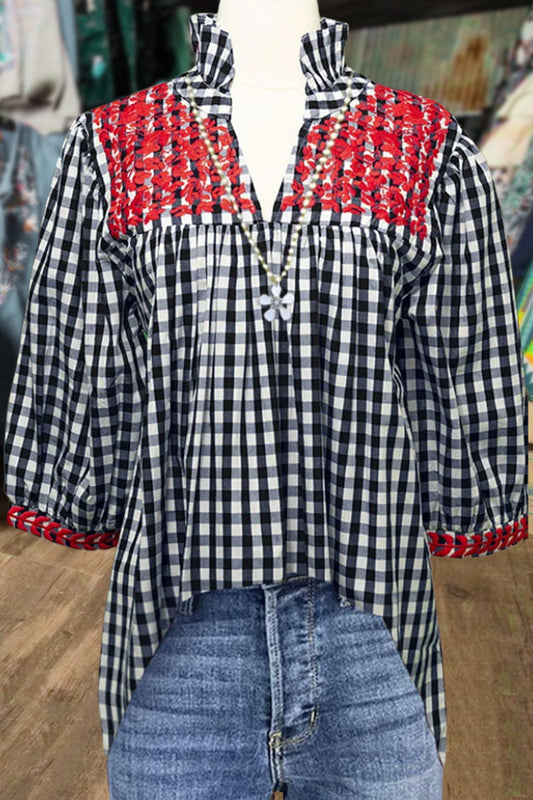 Plaid Embroidered Ruffle V-Neck Top