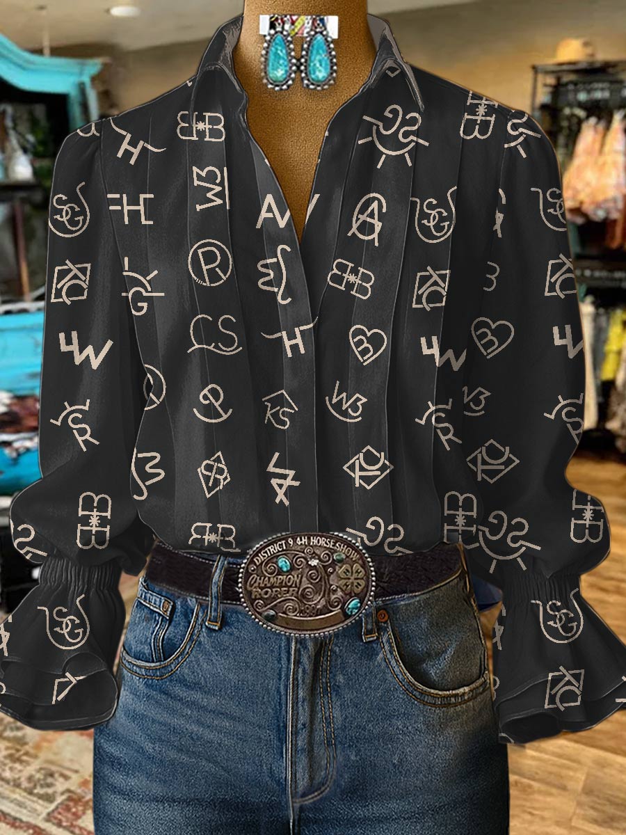 Women's Cattle Brands Print Casual Cotton And Linen Shirt