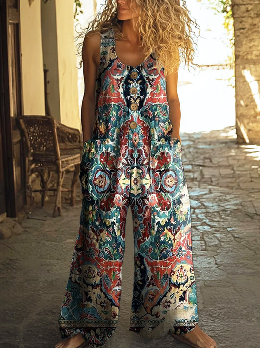 Women's Vintage Ethnic Totem Art Print Casual 100% Cotton Wide Leg Jumpsuit