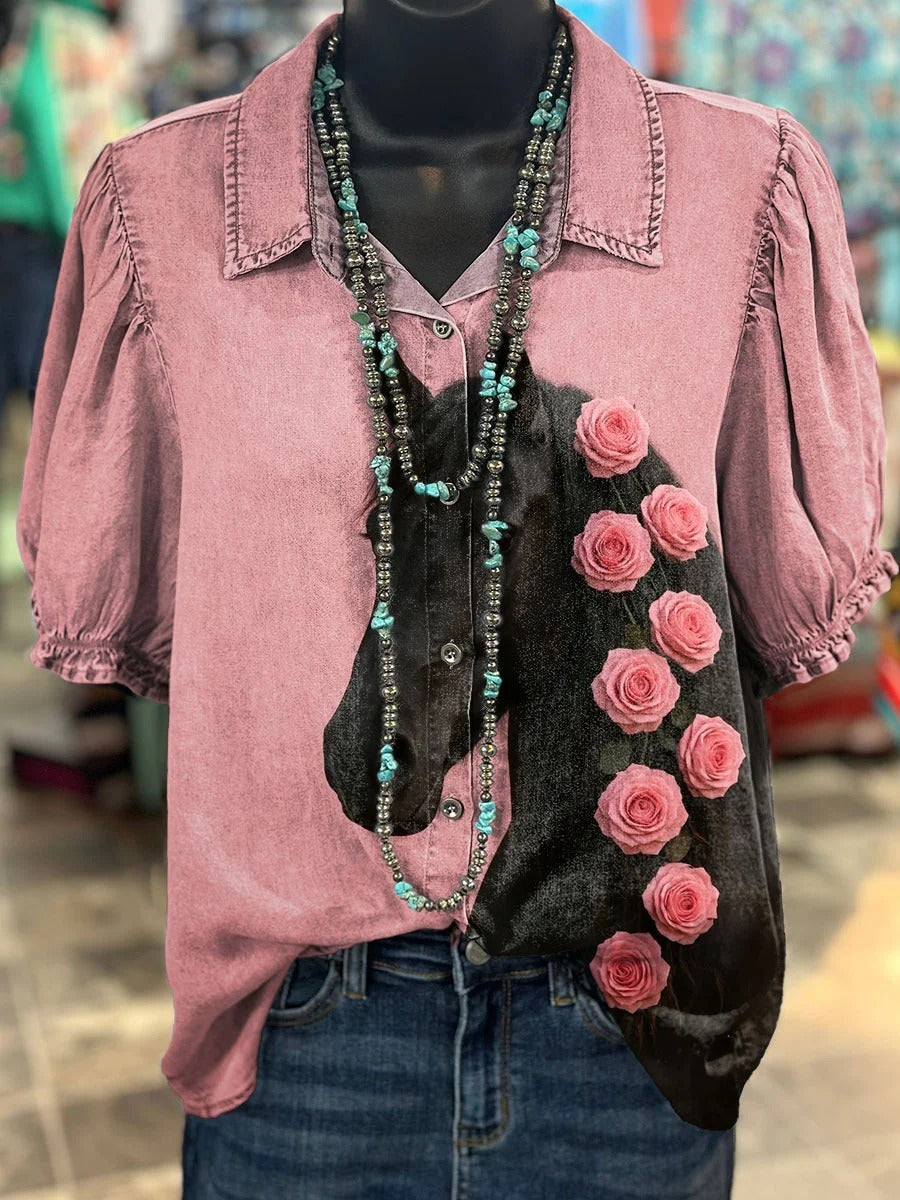 Women's Vintage Art Horse Print Casual  Cotton And Linen Shirt