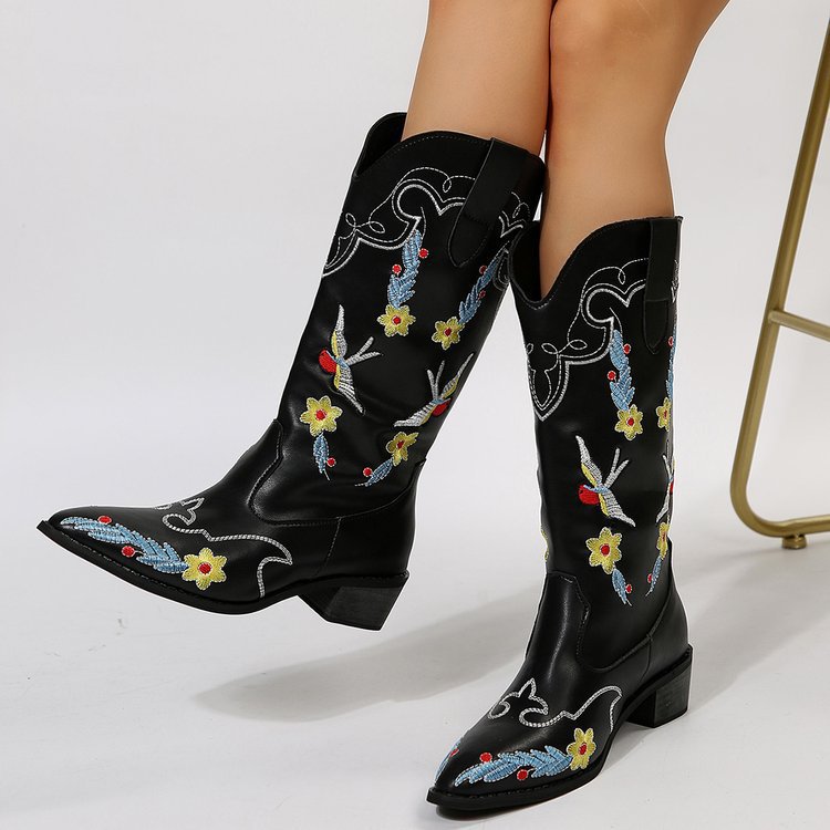 Womens Cowboy Flower Embroidery Casual High Western Boots