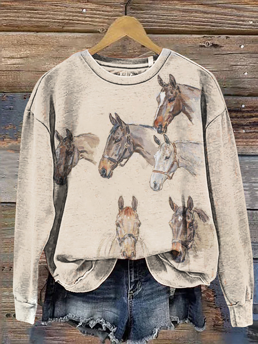 Vintage Horse Claus Casual Cotton Sweatshirt