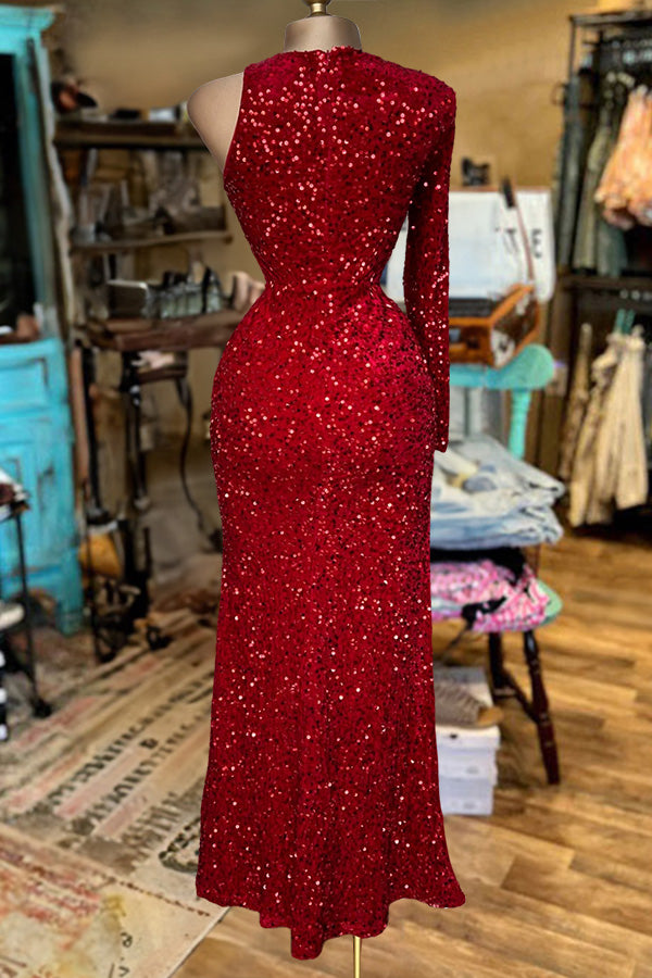 Shiny One-Shoulder Slit Sequined Dress