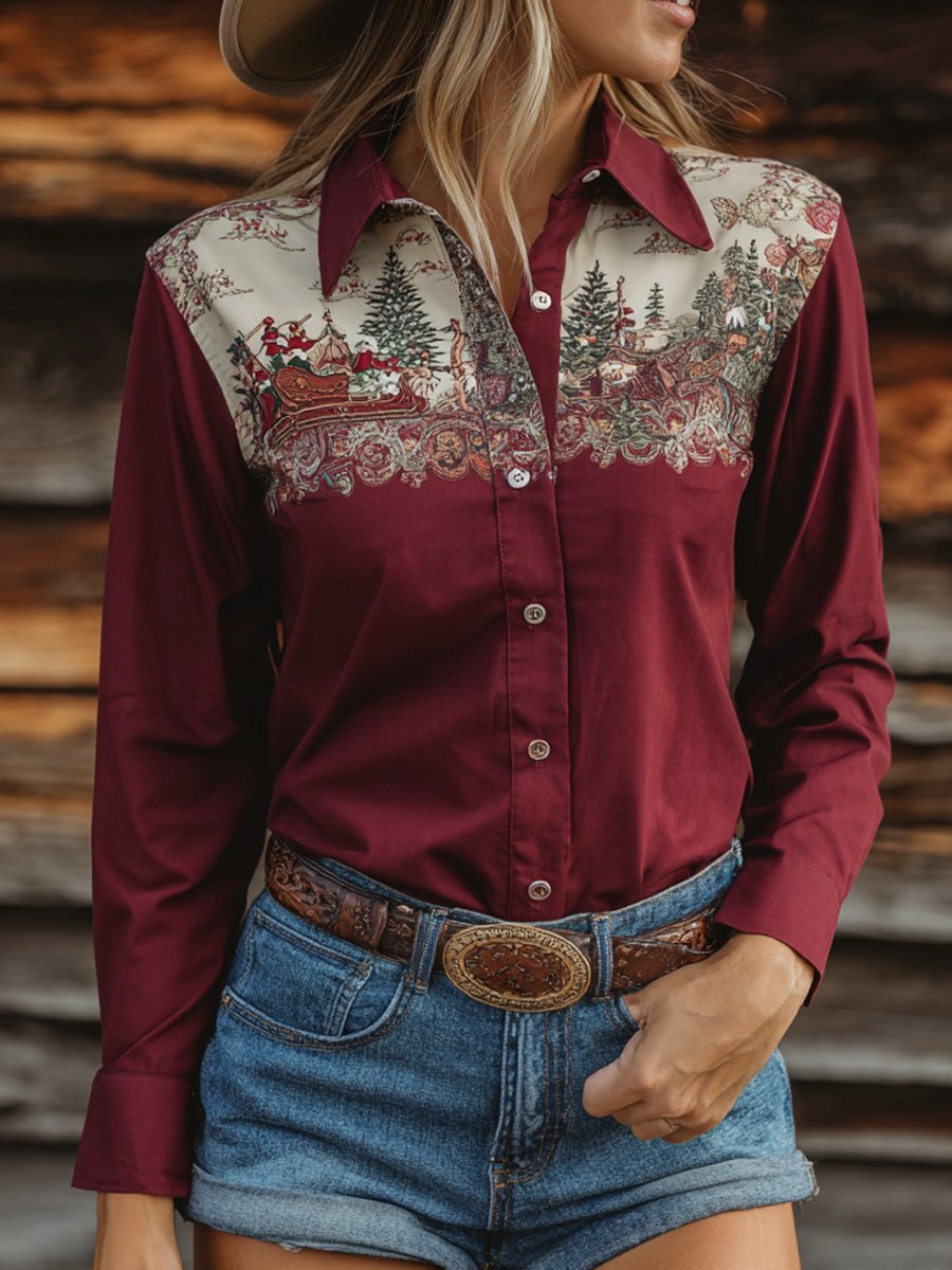 Women's Vintage Christmas Sleigh Elk Snowflake Print Western Long Sleeve Shirt